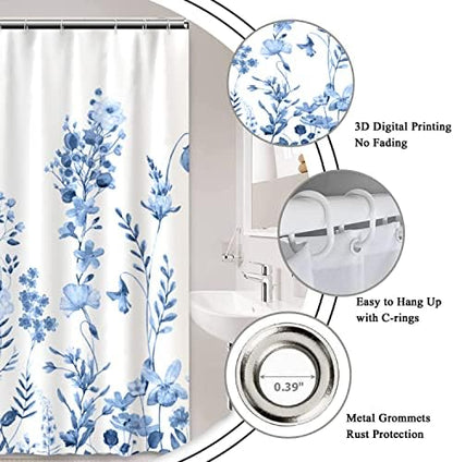 AWERT Small Half Size Stall Shower Curtain with Hooks Shower Stall Curtain 48 x 72 Light Blue Floral 48 inch for Bathroom/RV and Camper