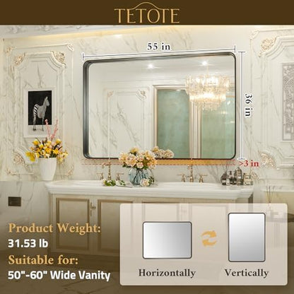 TETOTE Black Bathroom Mirror, 55 x 36 Inch Matte Metal Frame Modern Farmhouse Decor Rectangular Large Entryway Vanity Wall Mounted Mirror (Horizontal/Vertical)