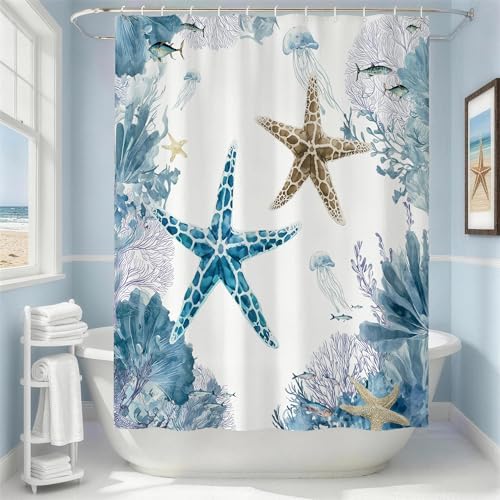 Purple Beach Shower Curtain for Bathroom, Ocean Coastal Theme, 72x72 In