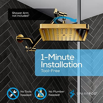 SparkPod Rain Shower Head, 8 Inch Square, Egyptian Gold Finish