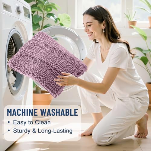 Grandaily Chenille Striped Bathroom Rugs 47x17, Extra Thick and Soft Absorbent Bath Mats, Rubber Backing, Plush Shaggy Shower Carpet, Machine Wash Dry, Bath Rug for Bathroom, Deep Plum