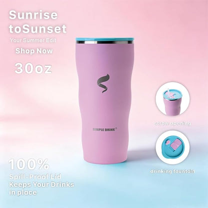 30 oz Stainless Steel Insulated Tumbler with Straw and Lid, Double Wall Vacuum Travel Cup, Spill Resistant, Fits Most Cup Holders, for Water, Iced Coffee and Hot Drinks, Pink Lemonade