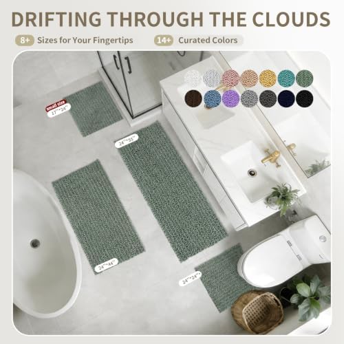 Bathroom Rugs Non Slip Washable 32x20, Extra Thick Soft Chenille Absorbent Bath Mat, High Density Barrier Non Slip Backing, Quick Dry Plush Shaggy Floor Carpet for Tub&Shower, Sage Green