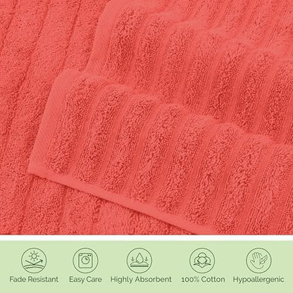 Elegant Comfort 100% Turkish Cotton Corduroy Ribbed Luxury Washcloths 6 Pack Soft 13 x 13 Inch - Higly Absorbent, Durable, Quick Dry, Spa Premium Hotel Quality for Bathroom or Travel, Coral