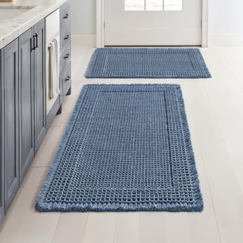 MIULEE Set of 2 Waffle Bathroom Rugs Bordered Bath Mat Blue 17"x24"+18"x30"