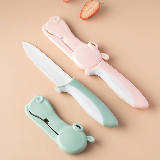 2 pcs ceramic knife - 4 Inch green and pink fruit knife with hippo shape cover, paring knife, use for fruit bread vegetable and meat (green and pink)