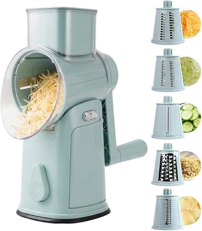 Rotary Cheese Grater Hand Crank, 5-Blade Shredder with Handle, Vegetable Slicer Mandoline Food Chopper, Strong Suction Base Kitchen Gadget for Cheese Vegetables Nuts – Green