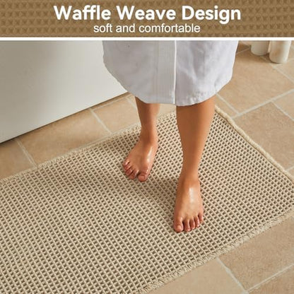 Triohero Waffle Bath Mat, Boho Bathroom Rugs Non Slip, 24x36 Pale Beige