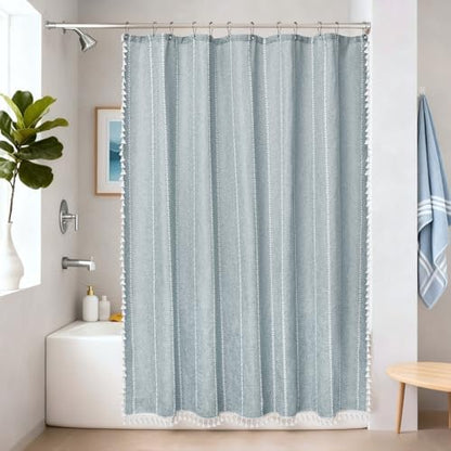 Seenus 72 x 76 inch Extra Long Boho Chic Shower Curtain Heavyweight with Tassels, Soft Linen Textured Fabric Farmhouse Shower Curtain, Misty Blue Elegant Bathroom Decor Curtain Water Repellent