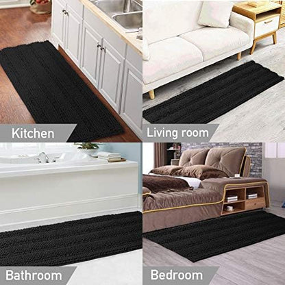 Turquoize Non Slip Black Bathroom Rug Extra Long Chenille Bath Rug 47x17 Super Water Absorbent & Soft Washable Shaggy Bath Rug for Bathroom, Black