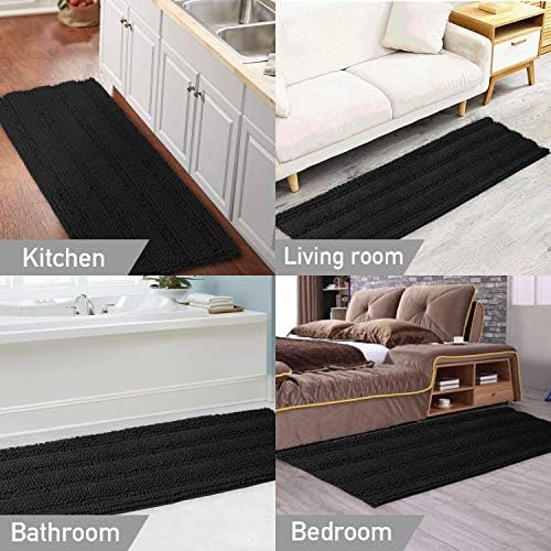 Turquoize Luxurious Non-Slip Shaggy Chenille Kitchen Runner Black Kitchen Rug Ultra Soft Plush Carpet Mat Shag Shower Bath Runner Absorbent Large Bath Mat for Entryway, Size 59 & 20 Inches, Black