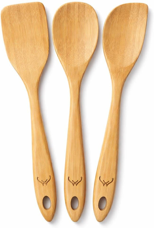 Prime Bamboo Wooden Spoons for Cooking Set of 3 Pcs – Wooden Cooking Utensils with Long Handle, Includes Flat Wood Spoon, Bamboo Spatula, and Slotted Spoon for Kitchen Utensils Set