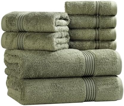 Superior Egyptian Cotton 8-Piece Towel Set, Assorted Towels, Home Bathroom, Master, Guest Bath, Decor Essentials, Includes 2 Bath, 2 Hand, 4 Face Towels/Washcloths, Quick Dry, Absorbent, Forest Green