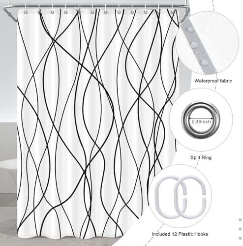 Striped Shower Curtain for Bathroom, White Black, 72" W x 96" L