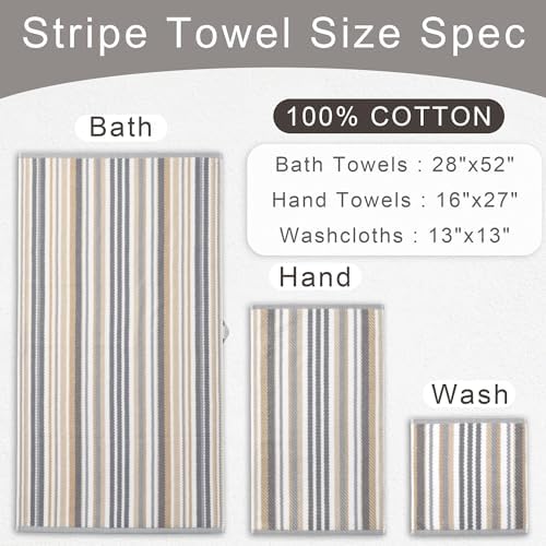 VOOVA & MOVAS Striped Washcloths 6 Pack, 100% Cotton, 13x13 in, Gray Beige