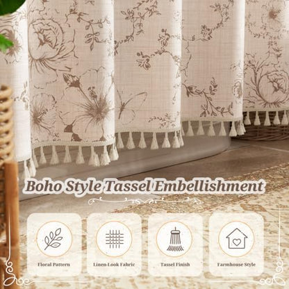 Vintage Beige Floral Shower Curtain with 12 Clear Rings - 72" W x 72" L