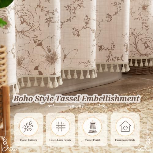 Vintage Beige Floral Shower Curtain with 12 Clear Rings - 72" W x 84" L