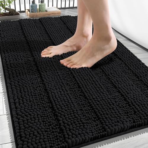 OLANLY Thick Bathroom Rugs 34x21, Soft Chenille Striped Bath Rugs, Black