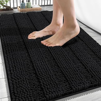 OLANLY Thick Bathroom Rugs 34x21, Soft Chenille Striped Bath Rugs, Black
