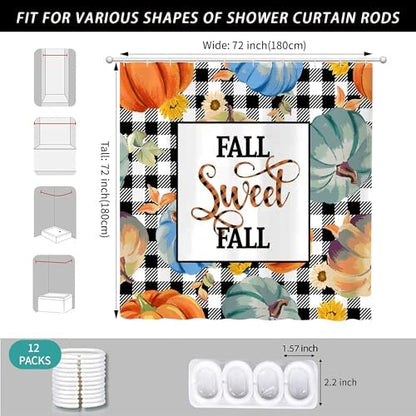 Fall Pumpkin Harvest Autumn Shower Curtain for Bathroom 72W*72H Inch Thanksgiving Rustic Black White Buffalo Plaid Maple Bathtub Autumnal Decor Waterproof Polyester Fabric Set with 12 Hooks