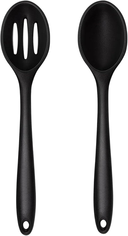 Silicone Cooking Spoons Set of 2,10.6 inch Non Scratch Solid and Slotted Spatula Spoons for Baking, Cooking, Serving, Dishwasher Safe, Heat Resistant Kitchen Utensils (Black)