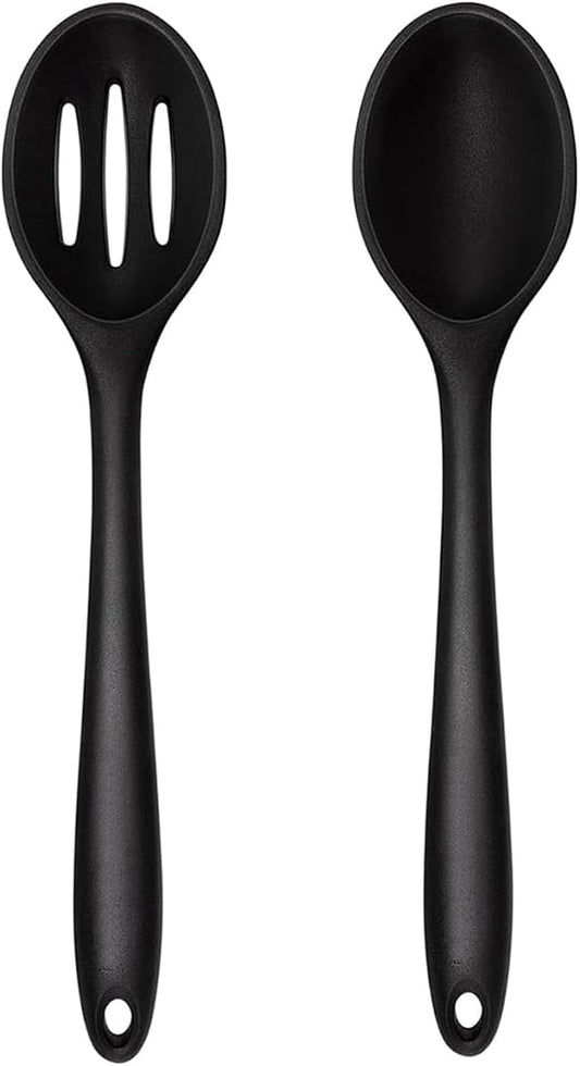 Silicone Cooking Spoons Set of 2,10.6 inch Non Scratch Solid and Slotted Spatula Spoons for Baking, Cooking, Serving, Dishwasher Safe, Heat Resistant Kitchen Utensils (Black)