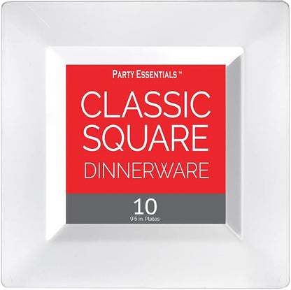 Party Essentials 10-Count Hard Plastic 9.5" Classic Square Lunch/Dinner Plates, White