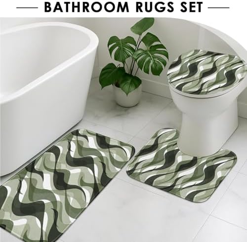 Bathroom Sets with Shower Curtain and Rugs, 4 Pcs, Green Geometric