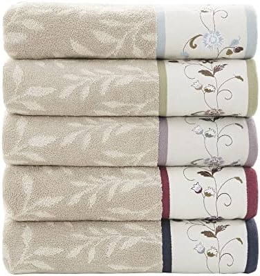 Madison Park Serene 100% Cotton Bath Towel Set Luxurious Floral Decorative Towels for Bathroom Embroidered Cotton Jacquard Design Soft Highly Absorbent for Shower 600 GSM, Multi-Sizes, Green 6 Piece