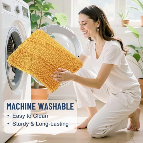 Grandaily Chenille Striped Bathroom Rugs 44x24, Extra Thick and Soft Absorbent Bath Mats, Rubber Backing, Plush Shaggy Shower Carpet, Machine Wash Dry, Bath Rug for Bathroom, Golden Yellow