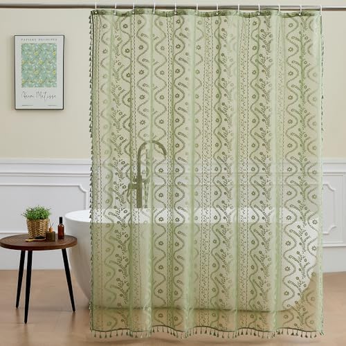 WAZZIO Sage Green Lace Shower Curtain - Vintage Pretty Floral Sheer Shower Curtains, Elegant Decorative Tassel Bath Curtains for Bathroom, 72 x 72 Inch, 1 Piece