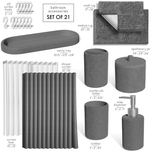 Clara Clark Grey Bathroom Set - Bathroom Sets with Shower Curtain and Rugs, 21PC Bathroom Accessory Set, Shower Curtain Set with Soap Dispenser & Toothbrush Holder