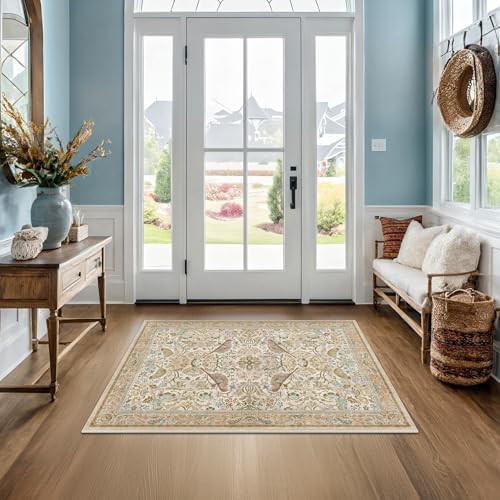 Large Entryway Rugs Indoor - Beige 3x4 Washable Rugs for Kitchen Bedroom Beside Bed Door Mat Indoor Entrance with Vintage Woodland Flowers, Non Slip Stain Resistant Low Pile