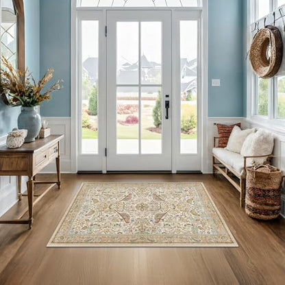 Large Entryway Rugs Indoor - Beige 3x4 Washable Rugs for Kitchen Bedroom Beside Bed Door Mat Indoor Entrance with Vintage Woodland Flowers, Non Slip Stain Resistant Low Pile