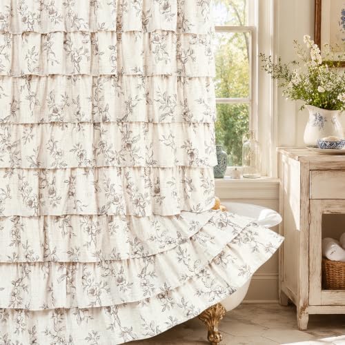 Farmhouse Floral Shower Curtain, Ruffle Bathroom Curtains, 72"Wx72"L