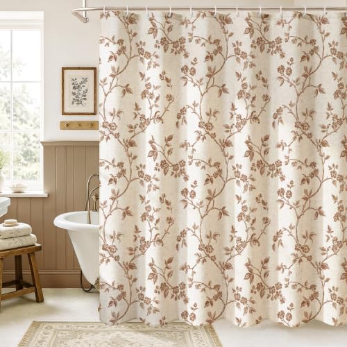 MitoVilla Brown Linen Floral Shower Curtain for Bathroom, 72 x 72