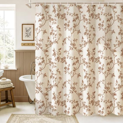 MitoVilla Brown Linen Floral Shower Curtain for Bathroom, 72 x 72