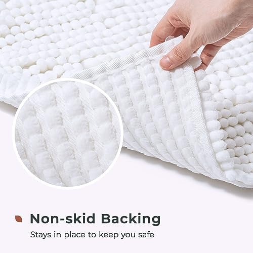 FRESHMINT Chenille Bathroom Rugs Mat 32”x20”, Non-Slip Bath Mat for Bathroom Floor & Bathtub, Washable Soft Shower Shag Bath Rugs, Durable Fluffy Thick Water Absorbent Microfiber Shower Mat, White