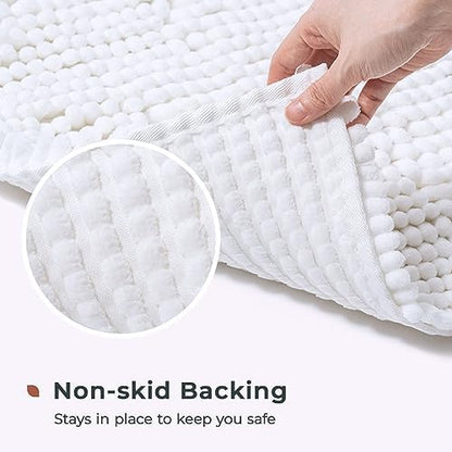 FRESHMINT Chenille Bathroom Rugs Mat 32”x20”, Non-Slip Bath Mat for Bathroom Floor & Bathtub, Washable Soft Shower Shag Bath Rugs, Durable Fluffy Thick Water Absorbent Microfiber Shower Mat, White