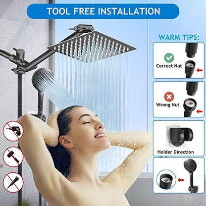Shower Head Combo, 8 Inch High Pressure Rain with 11 Inch Adjustable Extension Arm and 5 Settings Handheld, Powerful Spray Against Low Water Pressure- Matte Black