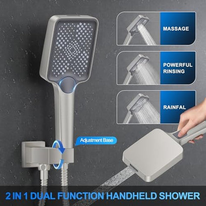 Woindo Shower Faucet Set, 12" Wall Mount Rainfall Shower System with 2 Rain Shower Head and Multi-function Handheld Head Push Button Diverter Shower Faucet Trim Kit