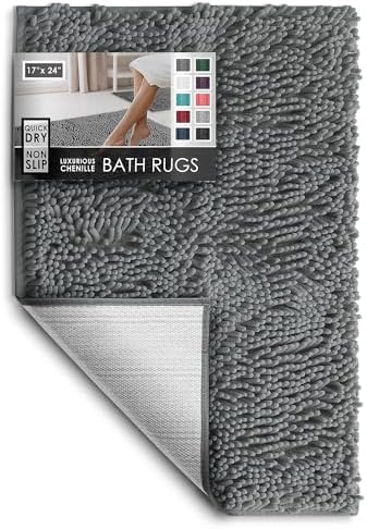 Hearth & Harbor Bathroom Rugs, Chenille Bath Mat - Machine Washable Bath Mats for Bathroom Non-Slip Backing Rubber, Quick Dry Bathroom Mat - Grey Bath Rug, 17x24
