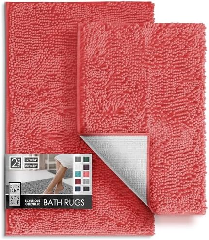 Hearth & Harbor Bathroom Rugs, Chenille Bath Mat - Machine Washable Bath Mats for Bathroom Non-Slip Backing Rubber, Quick Dry Bathroom Mat