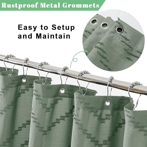 OWENIE Small Boho Stall Shower Curtain, Sage Green Fabric Cloth Stall Shower Curtain 36 x 72 Half Size with Tassel Tufted Chevron Striped Textured Modern Farmhouse for Bathroom, Machine Washable