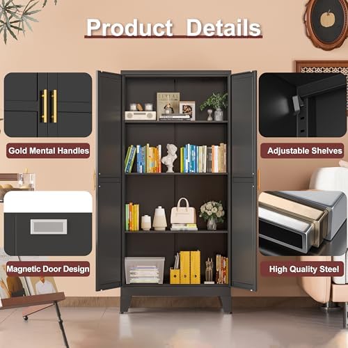 winiowa Metal Pantry Cabinet with 2 Doors and Adjustable Shelves, Kitchen Storage cabinets with Gold Handles, Versatile Storage for Laundry Room,Living Room,Bathroom,Dinning Room-Black