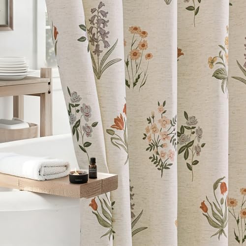 ORTIGIA Linen Textured Ruffle Shower Curtain with Metal Hooks, Vintage Boho Farmhouse Floral Linen Cottagecore Shower Curtain Bathroom Waterproof 72x72 Inch