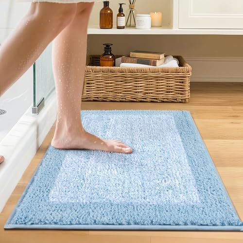 Bathroom Rugs 24x17 Non Slip Washable, Soft Absorbent Bath Mat Light Blue