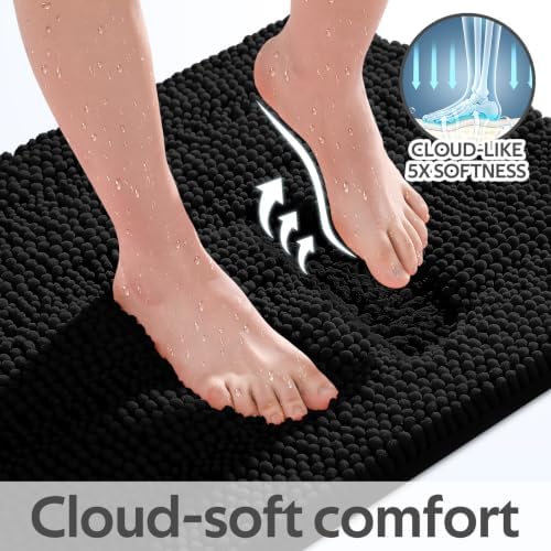 ACCUMTEK Striped Black Bathroom Rug Mat Set 2 piece 24"x17"+48"x20" Ultra Soft, Non Slip Chenille Bath Rugs, Absorbent Plush Shaggy Bath Mats for Bathroom, Bedroom, Kitchen, Shower, Tub