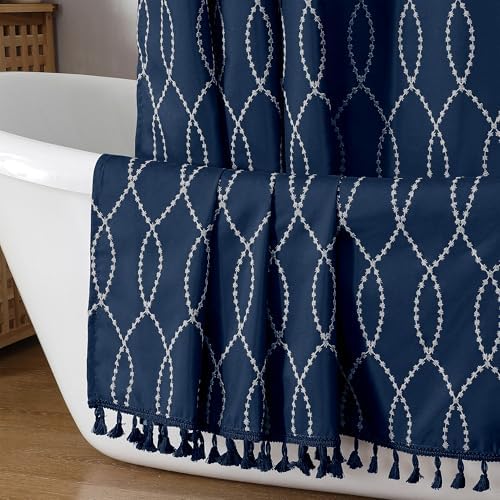 OVZME Navy Blue Shower Curtain for Bathroom, Puff Printed Textured Shower Curtain with Tassels, Rustic Geometry Heavy Duty Vintage Country Bathroom Curtain, Water Resistant Fabric, 72Wx72L Inches