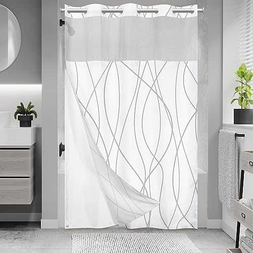 LXBNI Gray White No Hook Shower Curtain with Liner, 54 x 80 Inch